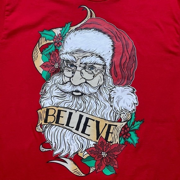 Holiday Time Christmas Tee Red Santa Beleive T Shirt Size XL Unisex - Picture 4 of 10
